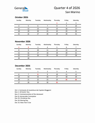 San Marino Quarter 4  2026 calendar template