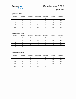 Somalia Quarter 4  2026 calendar template