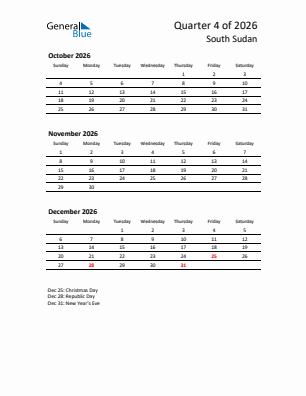 South Sudan Quarter 4  2026 calendar template