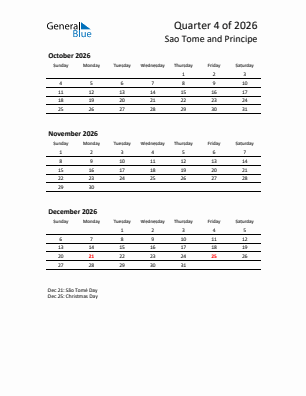 Sao Tome and Principe Quarter 4  2026 calendar template