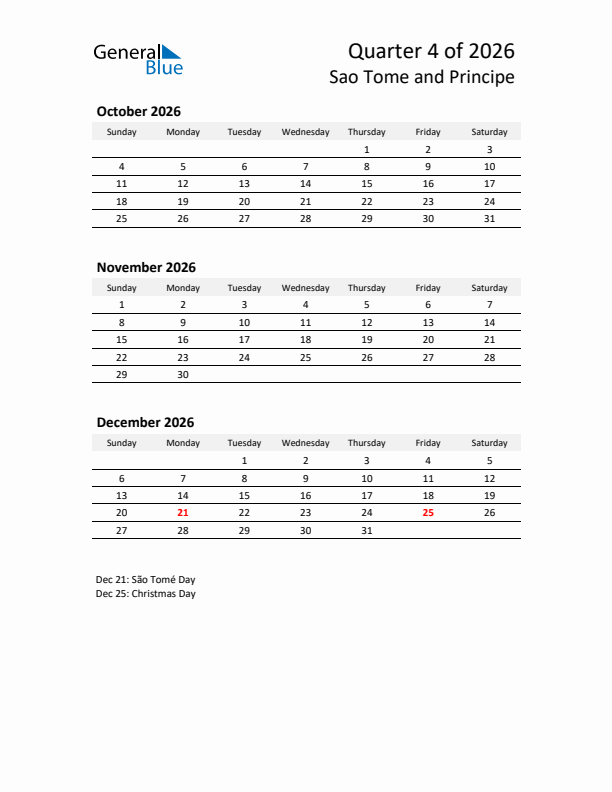 2026 Q4 Three-Month Calendar for Sao Tome and Principe