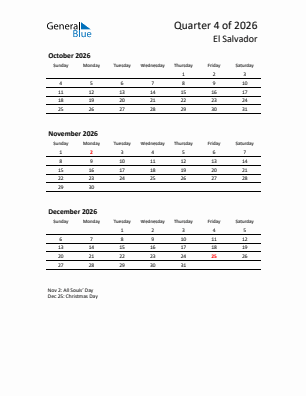 El Salvador Quarter 4  2026 calendar template