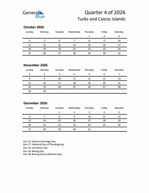 Turks and Caicos Islands Quarter 4  2026 calendar template