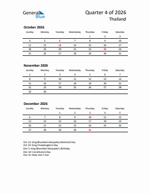 Thailand Quarter 4  2026 calendar template
