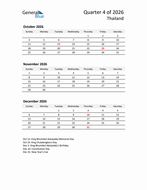 2026 Q4 Three-Month Calendar for Thailand