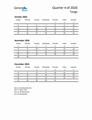 Tonga Quarter 4  2026 calendar template