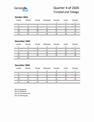 Trinidad and Tobago Quarter 4  2026 calendar template