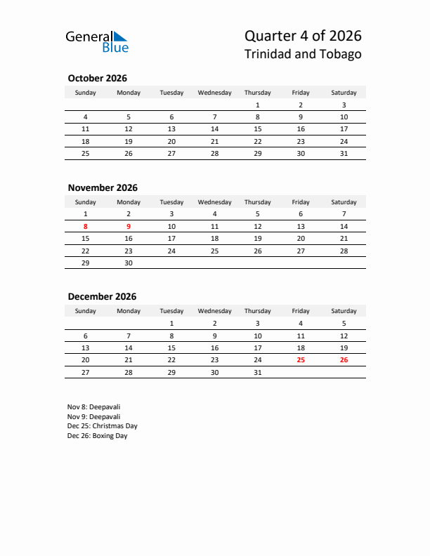 2026 Q4 Three-Month Calendar for Trinidad and Tobago