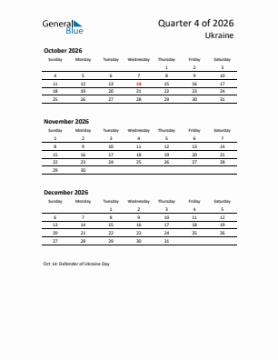Ukraine Quarter 4  2026 calendar template