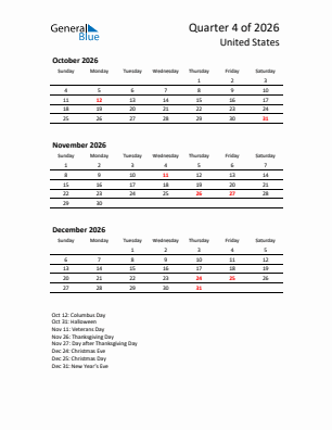 United States Quarter 4  2026 calendar template