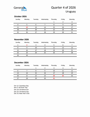 Uruguay Quarter 4  2026 calendar template