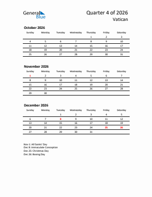 Vatican Quarter 4  2026 calendar template