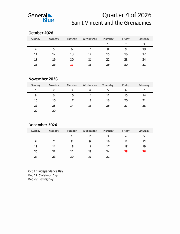 2026 Q4 Three-Month Calendar for Saint Vincent and the Grenadines