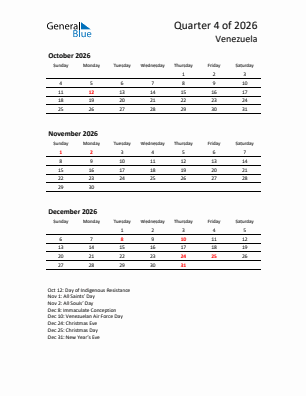 Venezuela Quarter 4  2026 calendar template