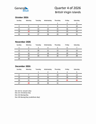 British Virgin Islands Quarter 4  2026 calendar template