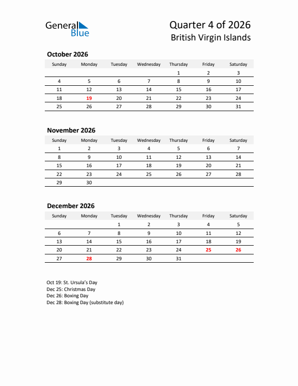 2026 Q4 Three-Month Calendar for British Virgin Islands