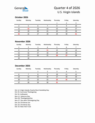 U.S. Virgin Islands Quarter 4  2026 calendar template