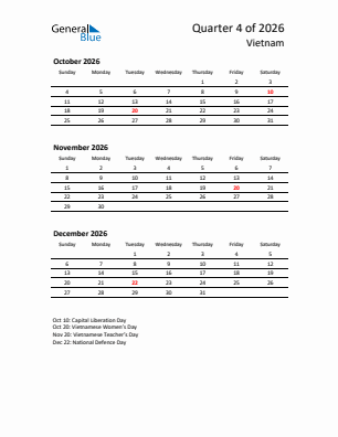 Vietnam Quarter 4  2026 calendar template