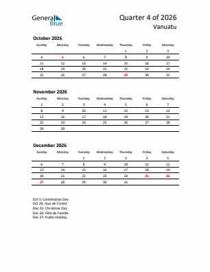 Vanuatu Quarter 4  2026 calendar template