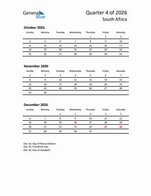 South Africa Quarter 4  2026 calendar template
