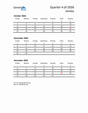 Zambia Quarter 4  2026 calendar template