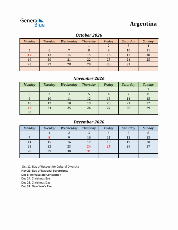 Q4 2026 Holiday Calendar - Argentina