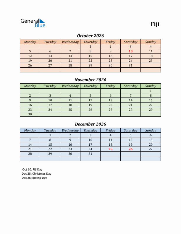 Q4 2026 Holiday Calendar - Fiji