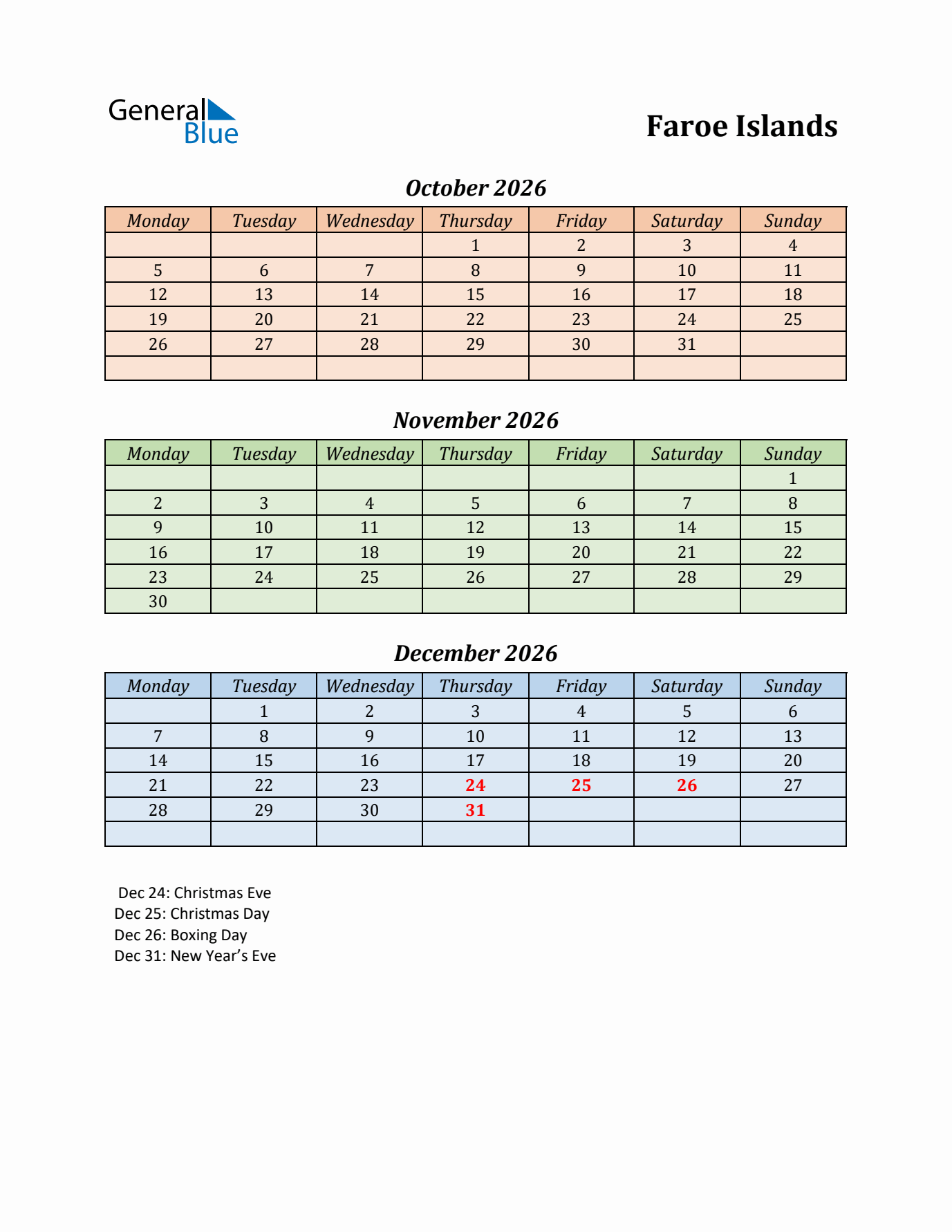 Q4 2026 Holiday Calendar - Faroe Islands