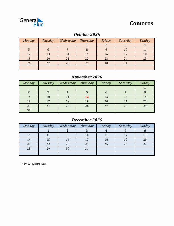 Q4 2026 Holiday Calendar - Comoros