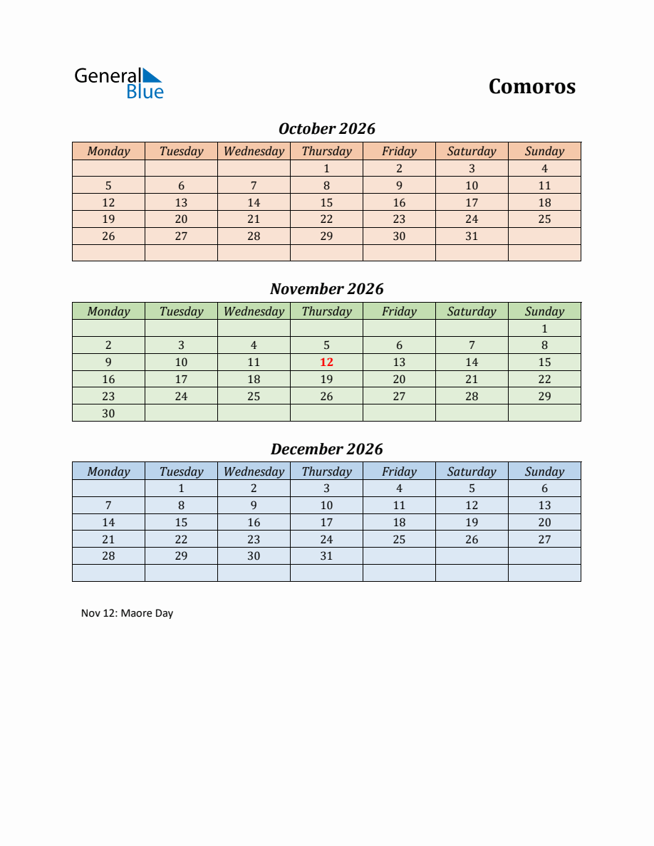 Q4 2026 Holiday Calendar for Comoros - Monday Start