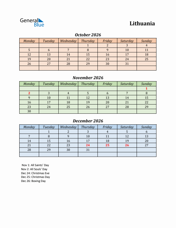 Q4 2026 Holiday Calendar - Lithuania