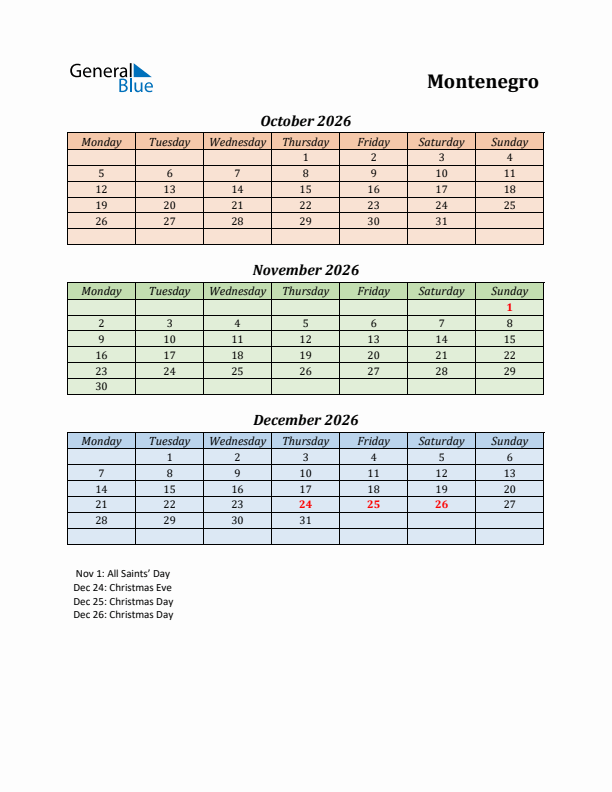 Q4 2026 Holiday Calendar - Montenegro