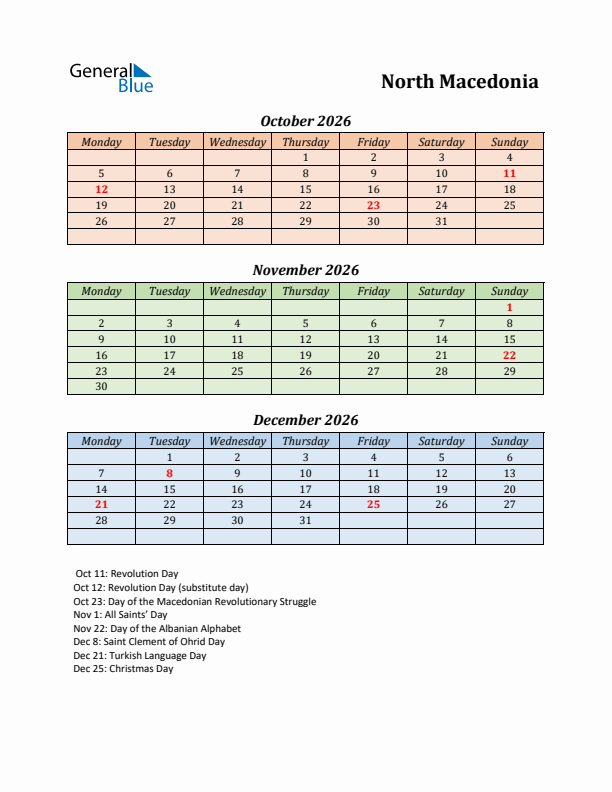 Q4 2026 Holiday Calendar - North Macedonia