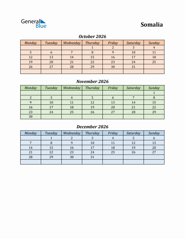 Q4 2026 Holiday Calendar - Somalia