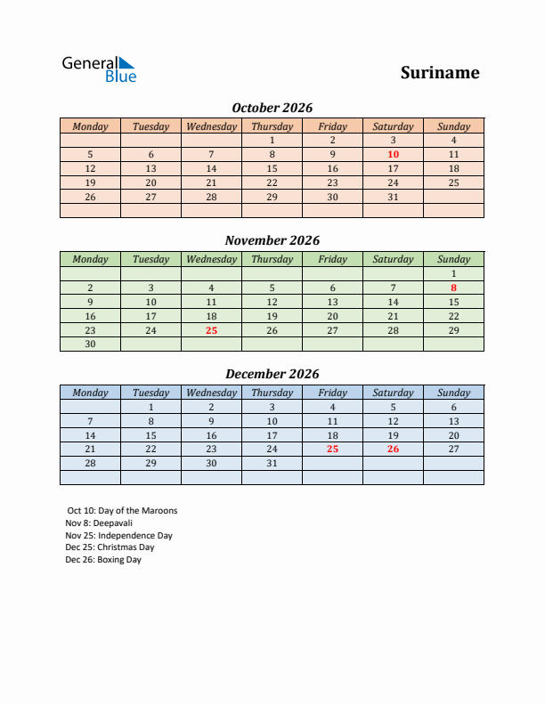 Q4 2026 Holiday Calendar - Suriname