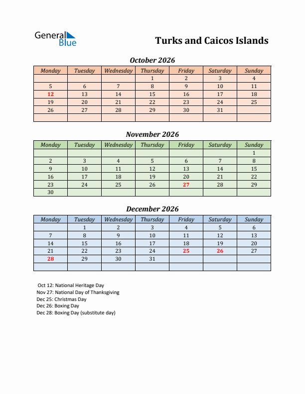 Q4 2026 Holiday Calendar - Turks and Caicos Islands