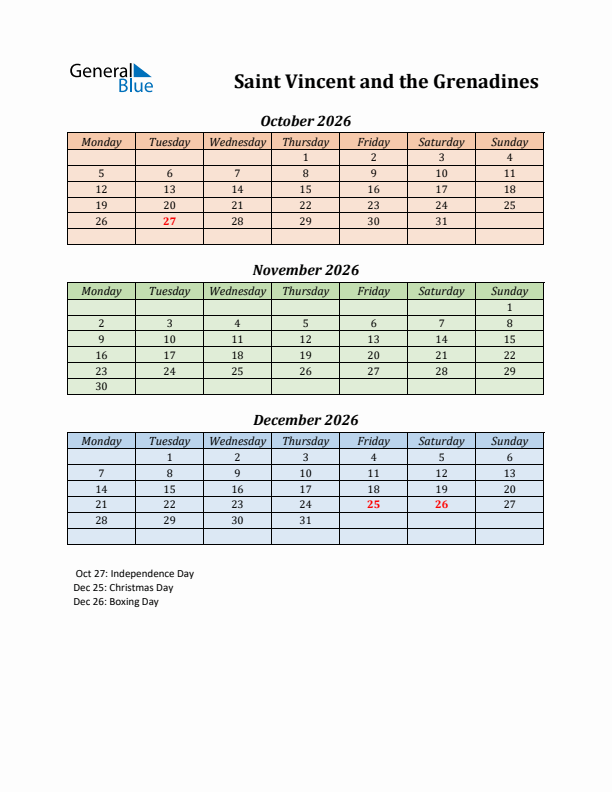 Q4 2026 Holiday Calendar - Saint Vincent and the Grenadines