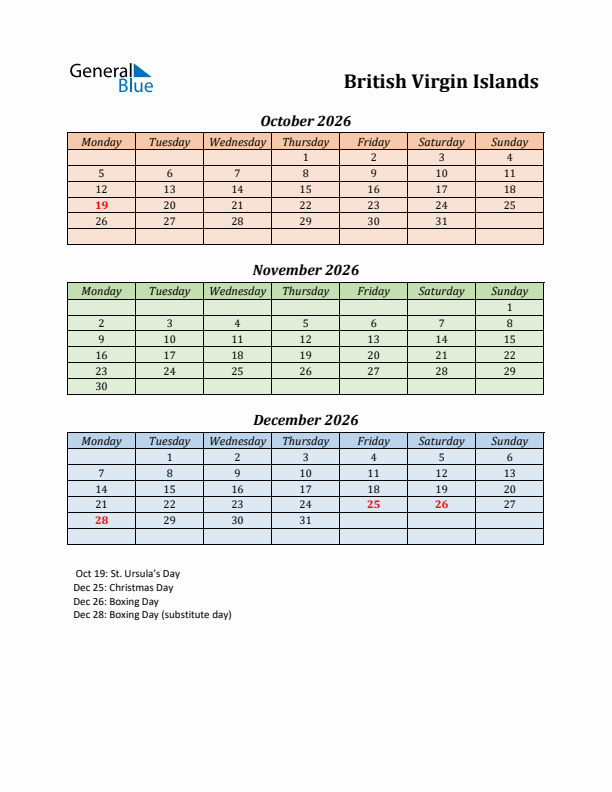 Q4 2026 Holiday Calendar - British Virgin Islands