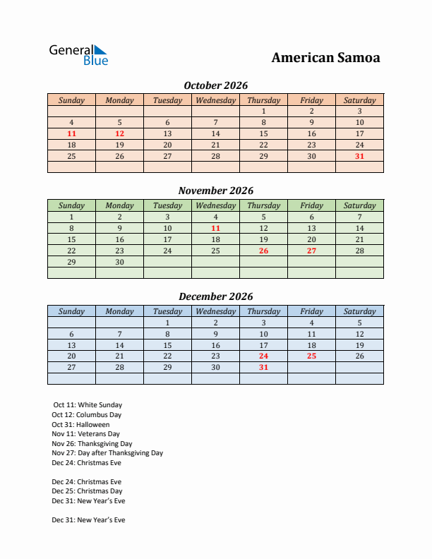 Q4 2026 Holiday Calendar - American Samoa