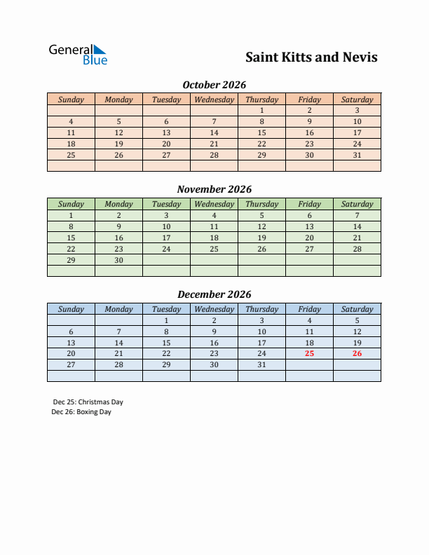 Q4 2026 Holiday Calendar - Saint Kitts and Nevis