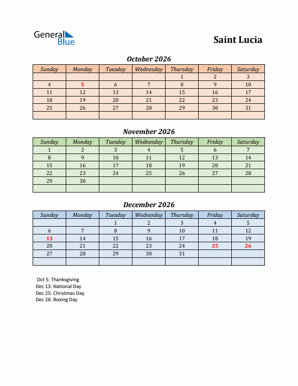 Q4 2026 Holiday Calendar - Saint Lucia