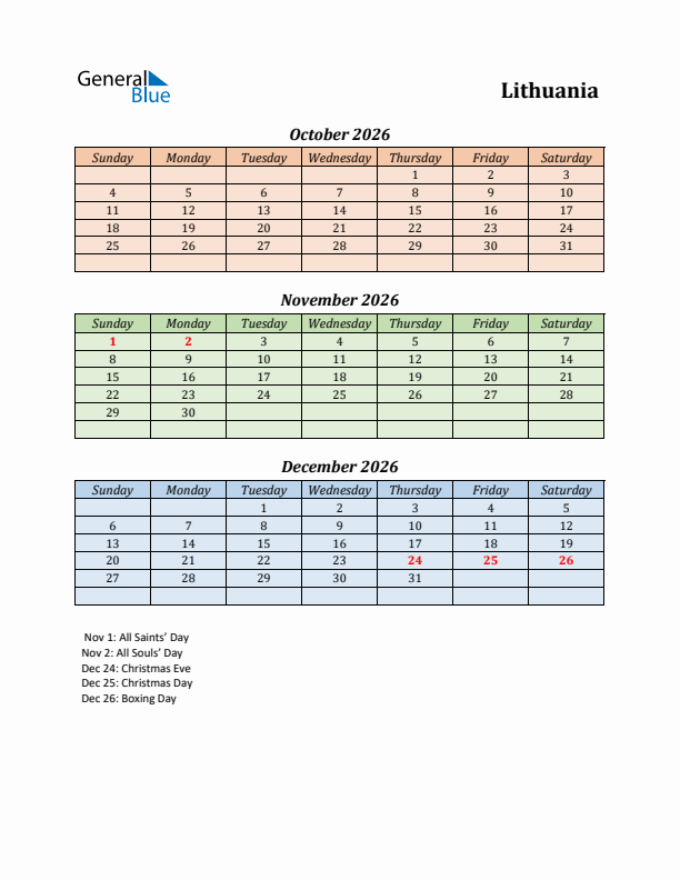 Q4 2026 Holiday Calendar - Lithuania