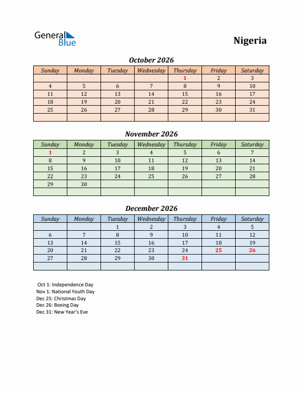 Q4 2026 Holiday Calendar - Nigeria