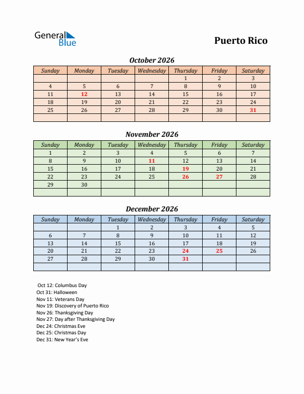 Q4 2026 Holiday Calendar - Puerto Rico
