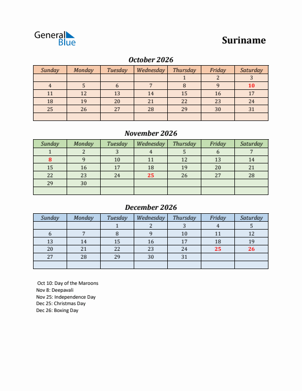 Q4 2026 Holiday Calendar - Suriname