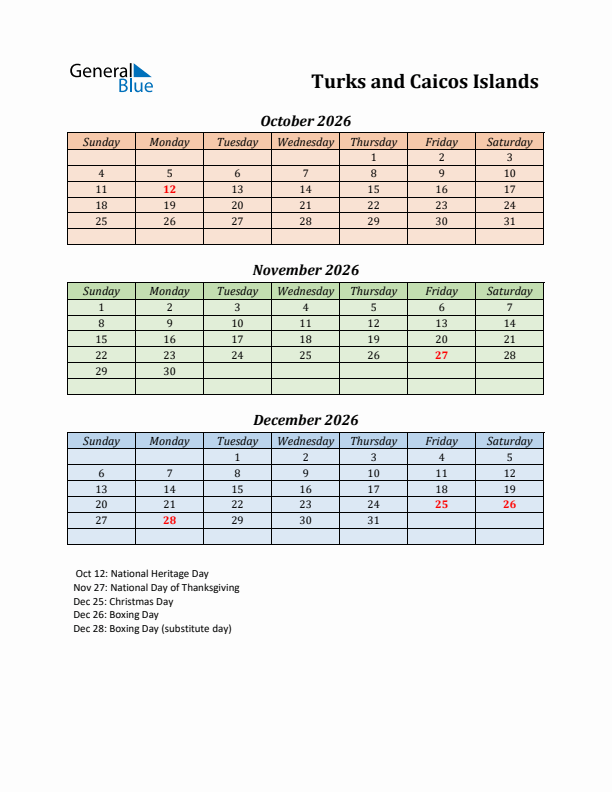 Q4 2026 Holiday Calendar - Turks and Caicos Islands