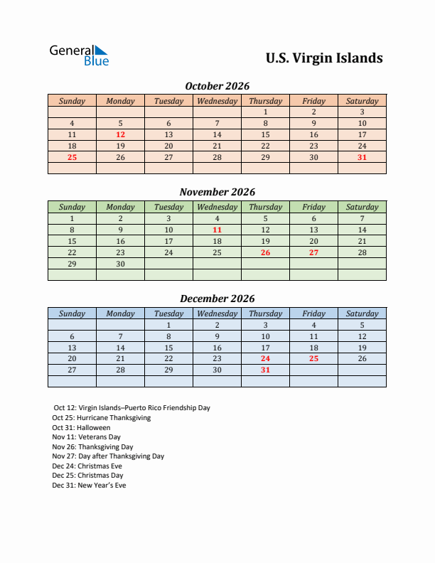 Q4 2026 Holiday Calendar - U.S. Virgin Islands