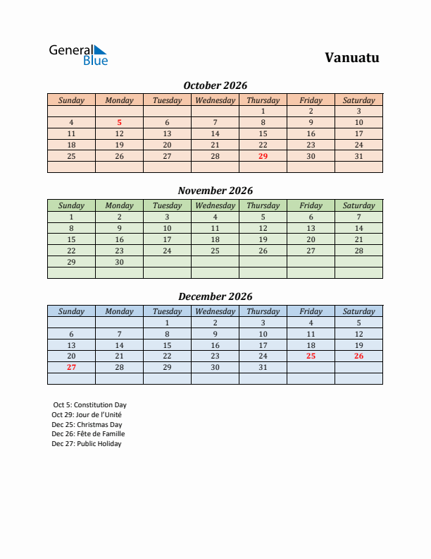 Q4 2026 Holiday Calendar - Vanuatu