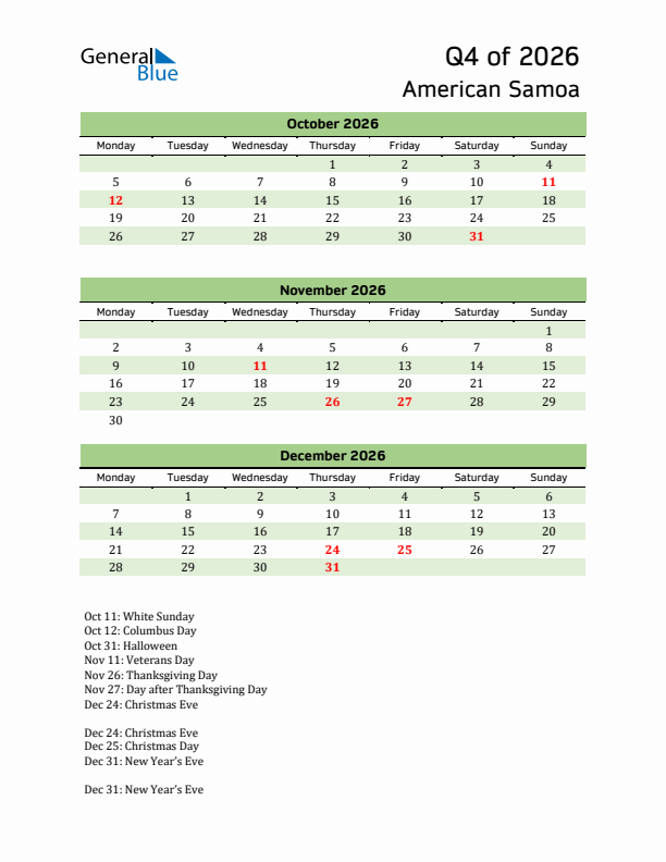 Quarterly Calendar 2026 with American Samoa Holidays