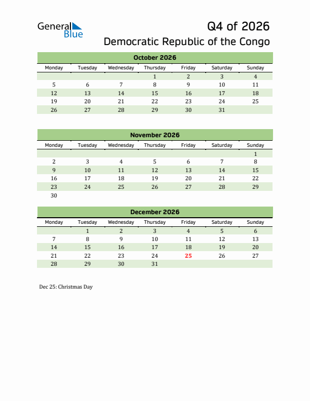 Quarterly Calendar 2026 with Democratic Republic of the Congo Holidays